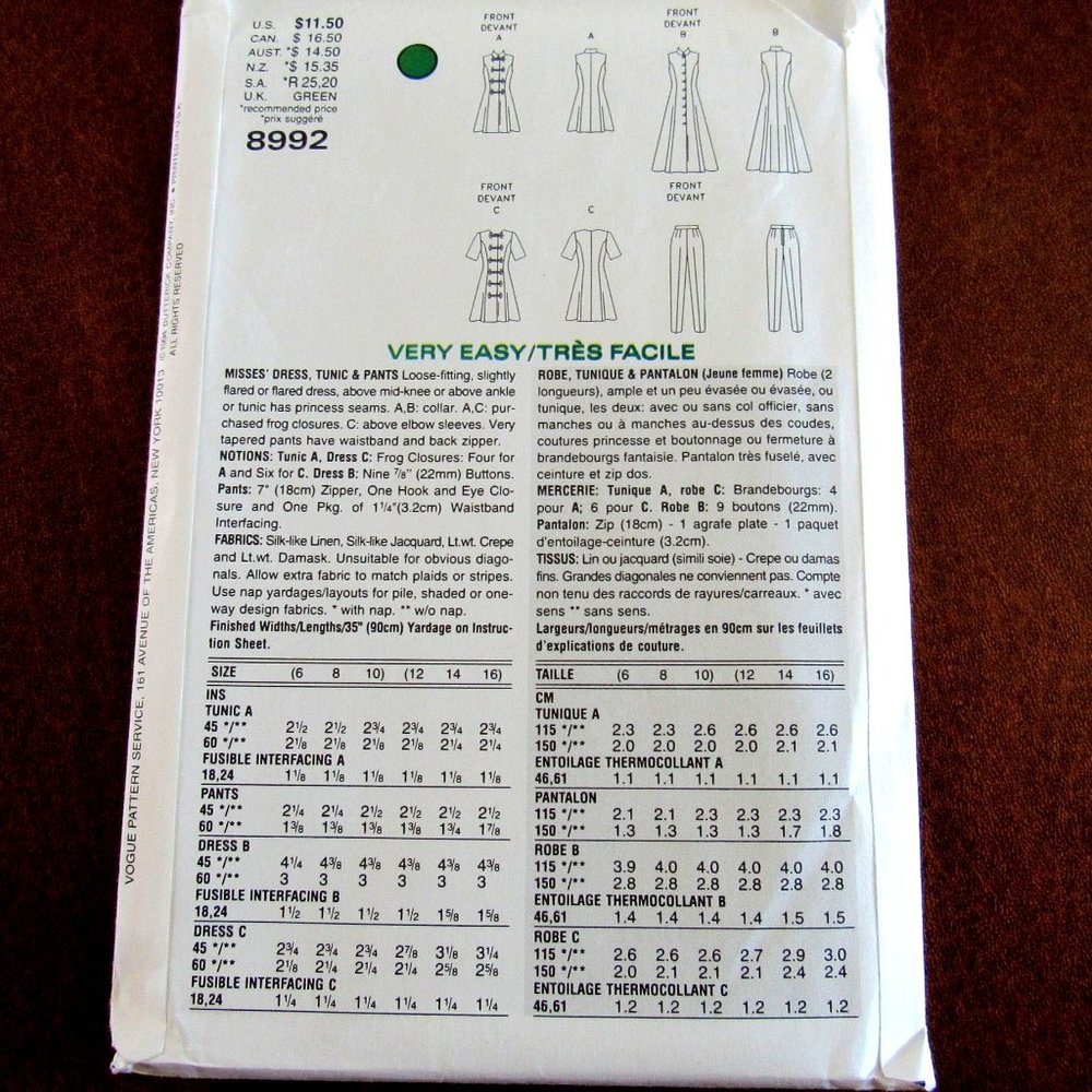Vogue Easy Options Sewing Pattern 8992 Dress Tunic Pants Size Womens 6 to 10 - Picture 3 of 3